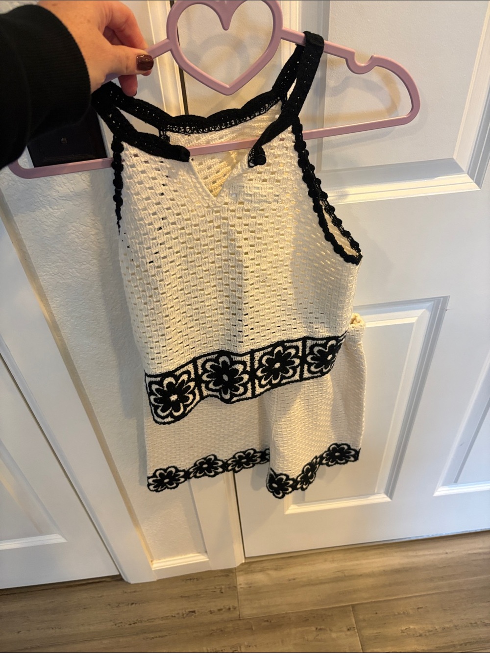 Crochet Tank Top & skirt with Black Floral Trim Zara - Cream/Black